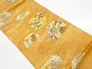 リサイクル　ヱ霞に花々・御所車・古典柄模様織出し袋帯